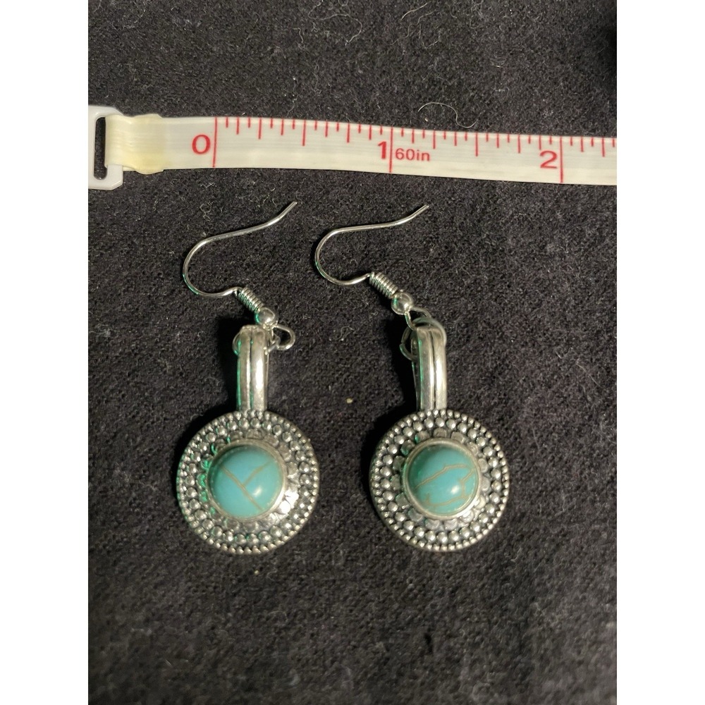 Turquoise Drop Earrings 1" Silver Tone Beaded Circle Design Dangle Hook Earrings